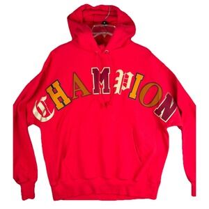 Y2K Champion Reverse Weave Old English Spell out Red Hoodie Men's Sz L Patch